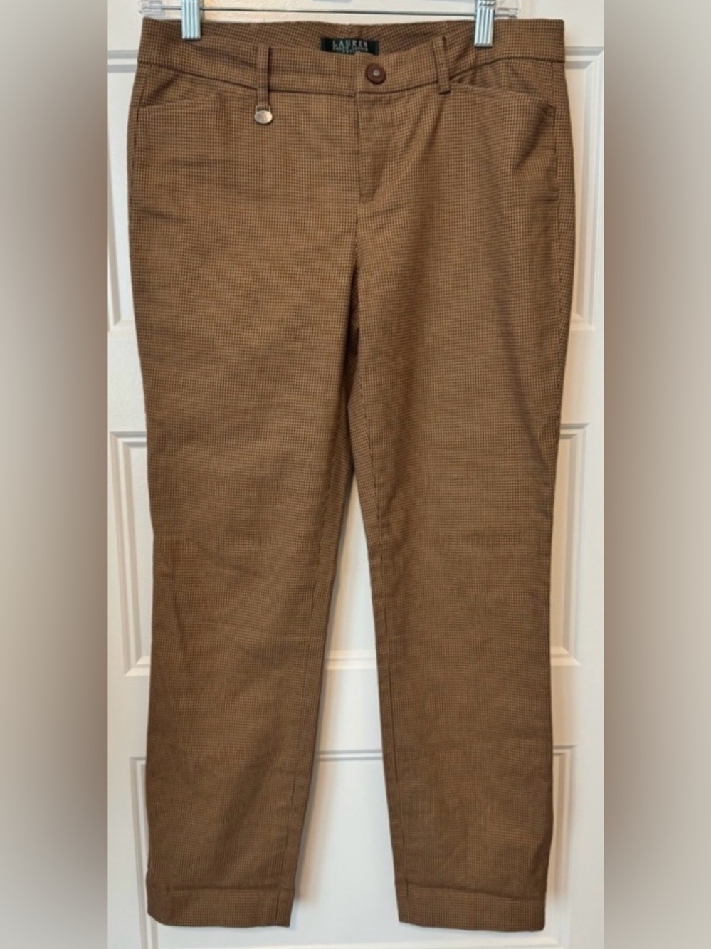 Lauren Ralph Lauren Petite Houndstooth Ankle Pants 4P Brown Stretch - Picture 2 of 8